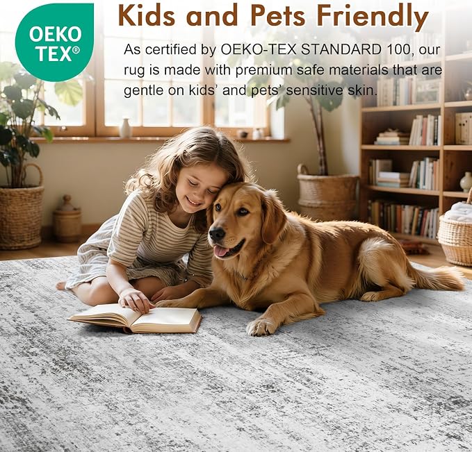 9x12 Ft Extra Large Washable Area Rugs for Living Room, Soft Non-Slip Modern Abstract Pattern Carpet for Bedroom Indoor Floor Nursery Home Decor (Grey)