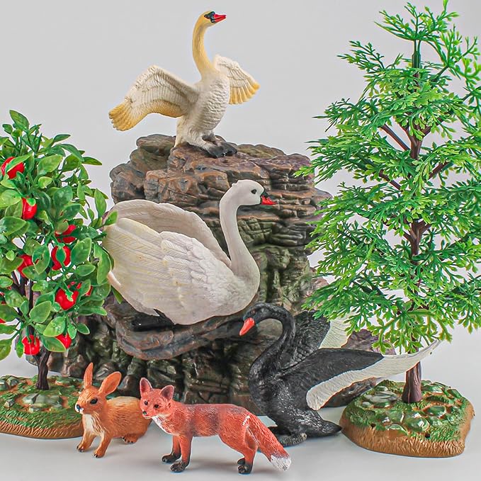 LC JoyCre 5PCS Swan Figurine Black Swan Figure Goose Toy Swan Toy Rabbit Fox Animal Figure for Toddlers Preschool Animals Figures Eduactional Project Diorama Model Toy for Kids 3 4 5 6