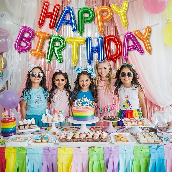 16 Inch Happy Birthday Banner Balloon - Rainbow Letters Foil Balloons, Self Inflating Multicolor Bunting for Kids Girls Boys Colorful Party Decorations
