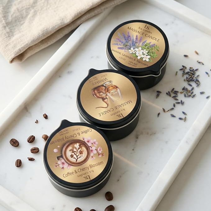 3 Pack Low Temperature Massage Candle Set, Soy Wax Melts into Nourishing Skin Oil with Jojoba & Shea Butter, for Home Spa & Relaxation, 2.35 oz - 3 Scents (Whiskey Sets)