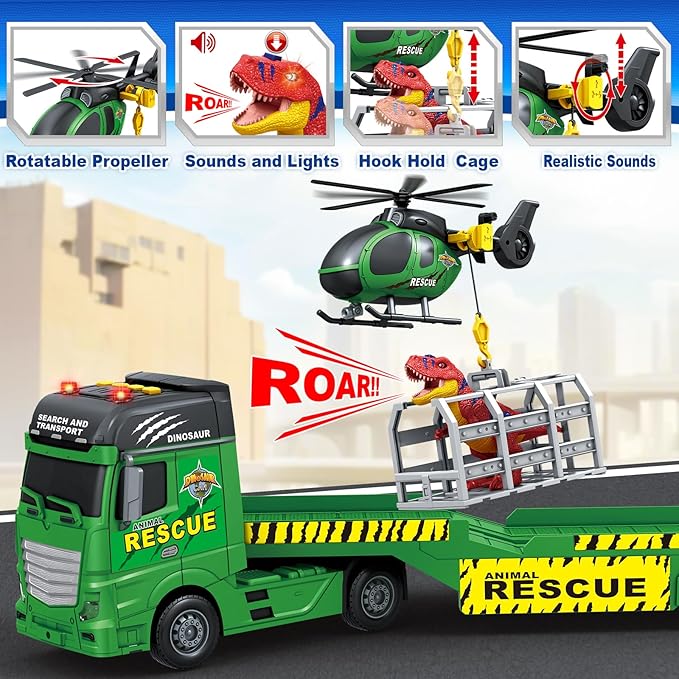 SpringFlower Toddler Truck Boy Toys, Large Dino Truck Toy with Helicoper and Dinosaur, 3 in 1 Boy Toy for 3 4 5 6 7 Year Old, Christmas Birthday Gifts for Kids 3 4 5 6 Years Old