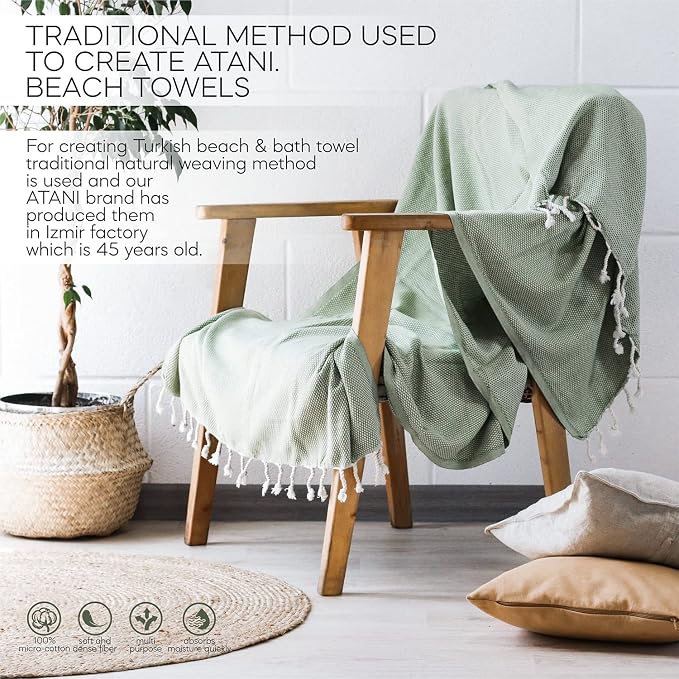 ATANI 69x35 in Oversized Turkish Beach Towel Set with Tote Bag – Quick-Dry 100% Turkish Cotton Peshtemal, Sand-Resistant, Lightweight for Shower, Travel, Pool, Yoga (Green)