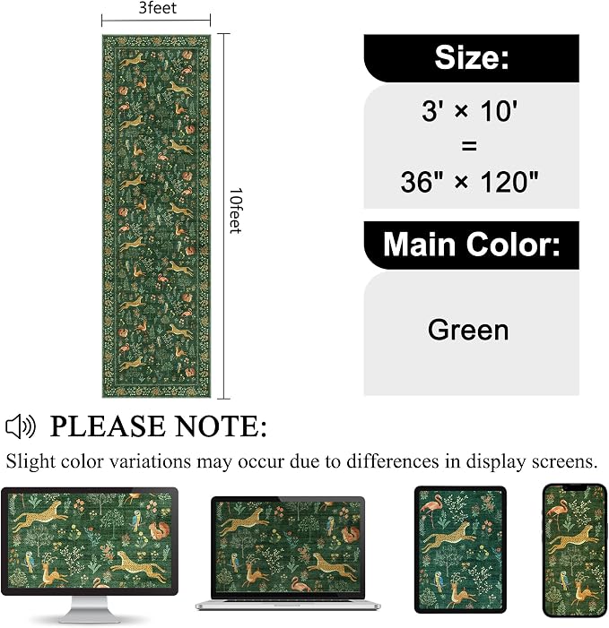 DUKINO 3x10 Washable Runner Rug, Non Slip Animal Rug for Hallway, Green | Low Pile, Stain Resistant, Soft Thin Indoor Rug Runner for Kitchen, Entryway, Bedroom, Bathroom, Pet Friendly, Non-Shedding