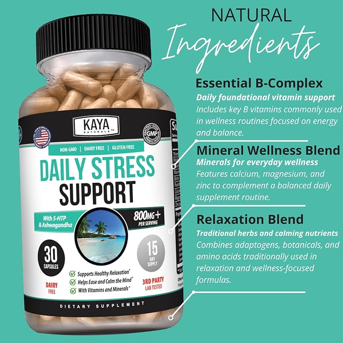 Kaya Naturals - Natural Herbal Stress Relief Support Vitamin Supplement to Relax and Calm the Mind - Boost Mood - Happy Pills - Anxiousness Support - 30 Capsules