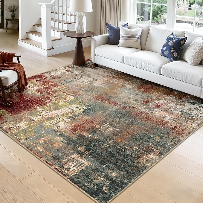 RELEANY Washable Area Rugs Square 8ft Non-Slip Modern Abstract Soft for Living Room Entryway Bedroom Kitchen, Print Pattern, Brown Rust Red Green Blue Multi