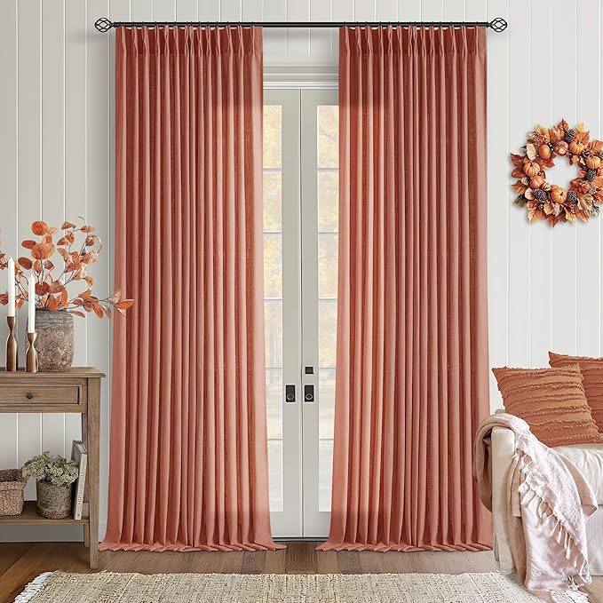 Pleated Farmhouse Firebrick Linen Curtains 102 Inches Long for Living Room | Pinch Pleat Drapes with Hooks Rings for Track System, Light Filtering for Bedroom Sliding Patio Door, 2 Panels W40xL102