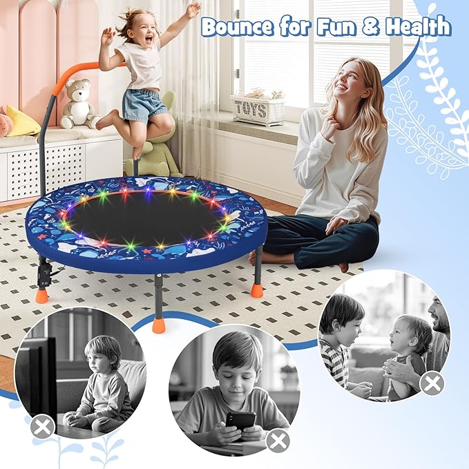 GYMAX 36” Toddler Trampoline with Lights, Folding Springless ASTM Approved Small Kids Rebounder with Foam Handle, Safety Padded Cover & Foldable Legs, Mini Indoor Baby Trampolines