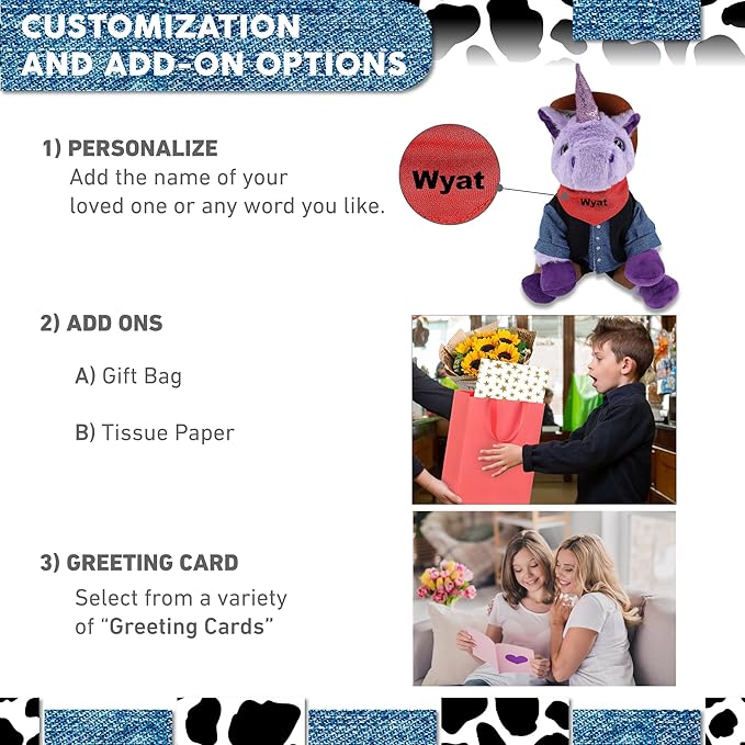 DolliBu Purple Unicorn Stuffed Animal Cowboy Plush with Name Personalization - Western-Themed Unicorn Plush with Cute Cowboy Costume Denim Shirt Vest, Bandana, Leather Pants, and Hat - 9 Inches