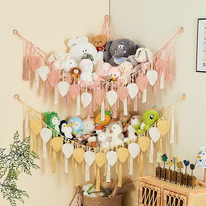 Pretty Jolly Stuffed Animal Storage with Hand Woven Leaf Tassels Hammock Corner Hanging Net Boho Macrame Plush Storage for Kid Room Nursery Decor Wall Display Organizer for Girls Boy Gift(Yellow)