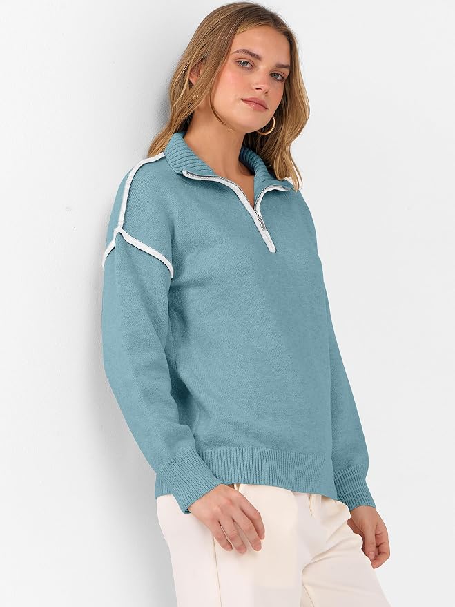 ANRABESS Womens Quarter Zip Sweaters Fall Long Sleeve V Neck Shirts Collared Business Casual Tops Knit Pullover Sweatshirts