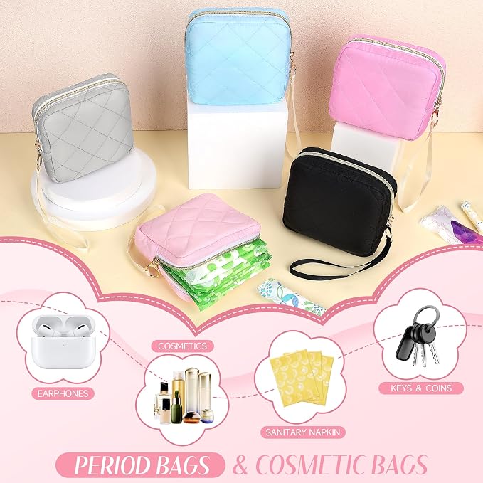 Likesing Quilted Period Bag, Period Pouches for Teen Girls Womens, Portable Sanitary Napkin Storage Bag with Wrist Strap Feminine Emergency Tampon Pad Pouch(Pink)