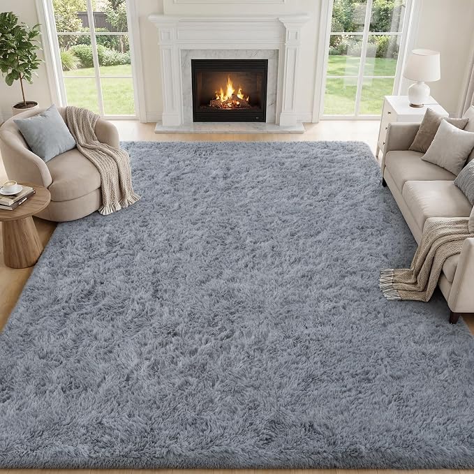 Area Rug for Living Room Bedroom: 8x10 Grey Soft Fluffy Shag Upgrade Non-Slip High Pile Carpet Large Fuzzy Plush Indoor Floor Decor Shaggy Rug for Kid Boys Girls Dorms Playroom Nursery Modern Home