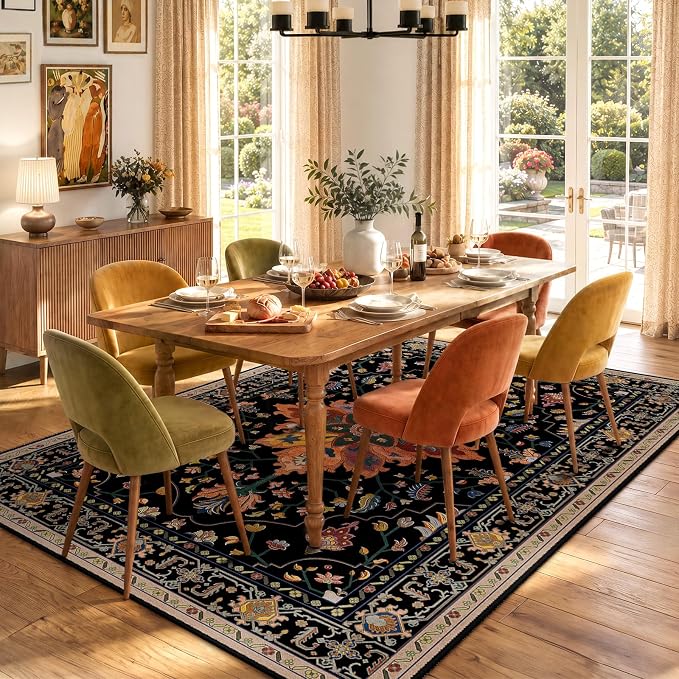 RELEANY Area Rugs 6'x9' Washable Non-Slip, Floral Vintage Distress Medallion Carpet for Living Room Bedroom Dining Room, Black Colorful Floral Dark Tan