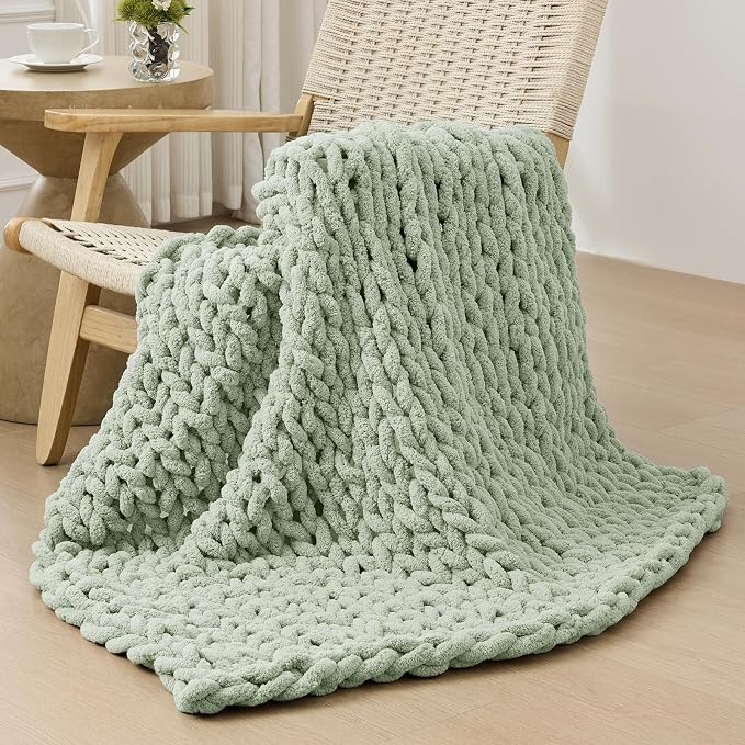 Bigacogo Chunky Knit Throw Blanket for Couch, 40x40 inches, Sage Green | Hand Knit with Jumbo Chenille, Soft Breathable Cable Knit for Sofa Bed Living Room, Machine Washable, Gift for Mom Friend