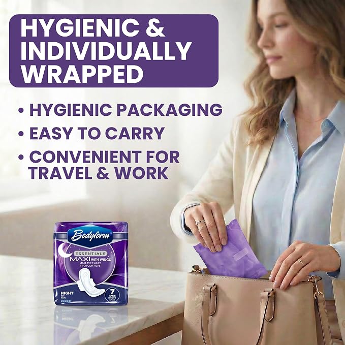 [42 Count] Essentials Maxi Pads with Wings | 7 Count (Pack of 6), Sanitary Pads for Women, Super-Soft & Leak-Proof Period Pads, Advanced Absorbent Core with Wings | Night