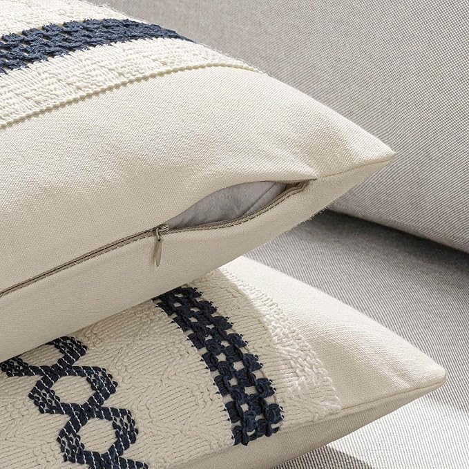 MIULEE Set of 2 Navy Blue Boho Decorative Lumbar Pillow Covers 12x20 Inch | Farmhouse Couch Throw Pillows, Modern Coastal, Cotton Cushion Covers, Macrame Woven Home Decor for Bed Sofa Chair