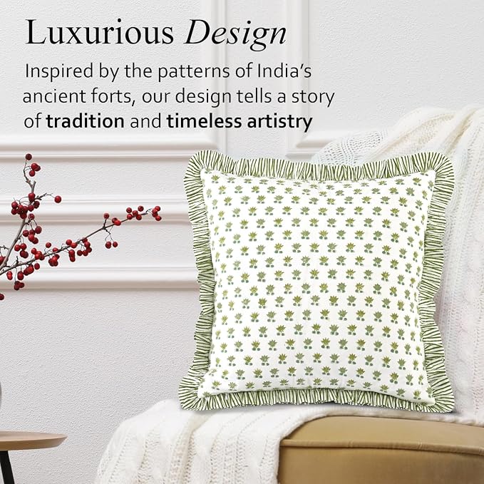 CPC Lotus Meadow Hand Block Print 100% Cotton Ruffle Throw Pillow Cover 20x20 inch with Hidden Zipper Decorative for Couch, Bed, Sofa, Farmhouse, Cottagecore Decor Gift Christmas Fall Thanksgiving