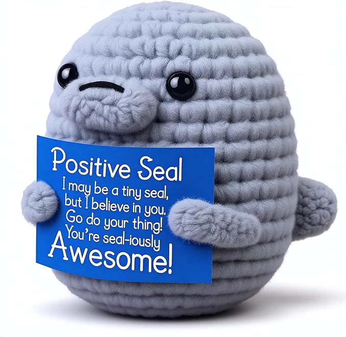 for Women,Men,Mom,Wife, Kids,Friends, Students,Coworkers–Crochet Seal Amigurumi Gift with Pun Card “Seal-iously Awesome”,Handmade Yarn Ornament,Birthday or Holiday Desk Decoration