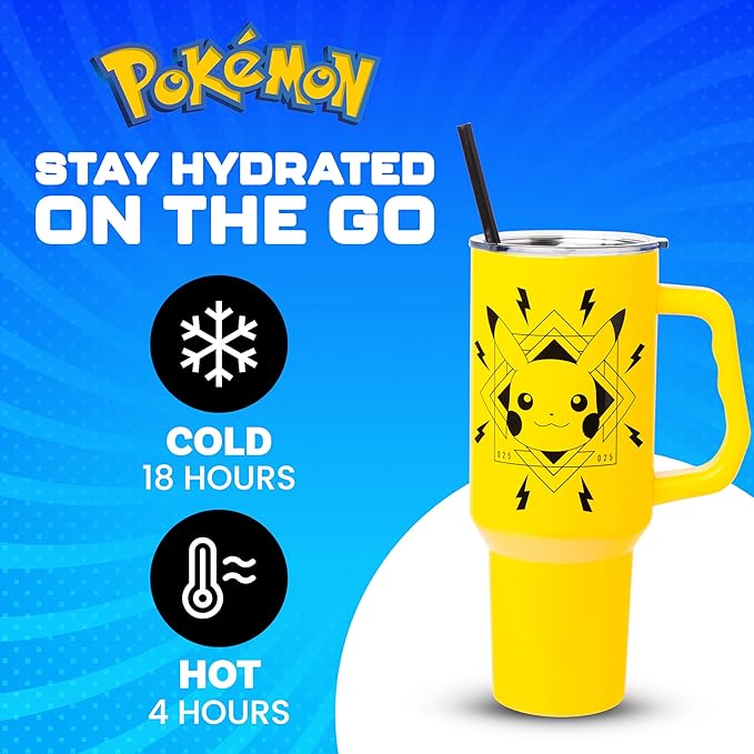 Silver Buffalo Pokémon Lightning Double Walled Stainless Steel Tumbler with Handle Featuring Pikachu, Fits in Standard Cup Holder, 40 Ounces