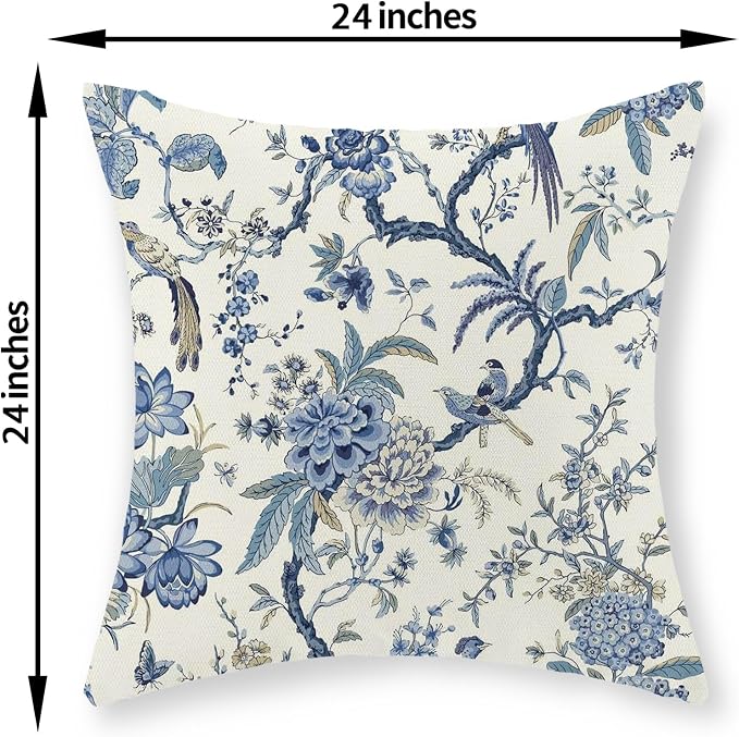 Chinoiserie Floral Bird Pillow Covers 24x24 Set of 2 Blue Chinoiserie Flowers Decorative Pillow Cases Outdoor Decor Blue and Cream Throw Pillows Farmhouse Linen Cushion Cover for Couch Home