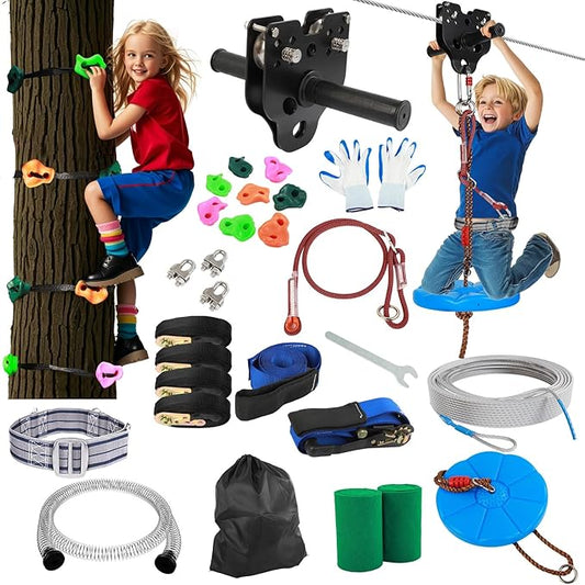 FAHKNS Zip Line Kit for Kids Adults: 160FT Up to 400 lbs - Updated Removable Design Trolley,Thickened Seat,Safety Harness,Quick Tighten Zipline Kits for Outdoor Backyard