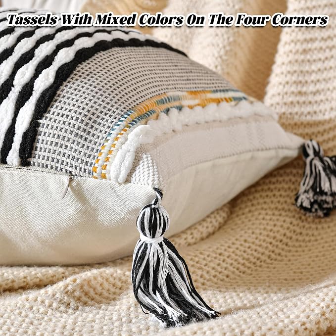 Chenille Striped Textured Boho Throw Pillow Covers Aesthetic with Tassels Woven Decorative Pillow Case for Couch Bed Sofa Bedroom Modern Funky 14 x 36-Inch Black