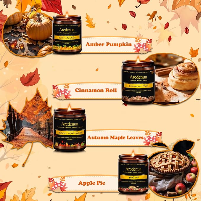 Fall Candle Set – 4 Pack Autumn Seasonal Candle Gift - Scent of Autumn Leaves & Apple Pie,Cinnamon,Pumpkin, 28oz Soy Candles for Home Scente, Christmas Cozy Winter Gifting