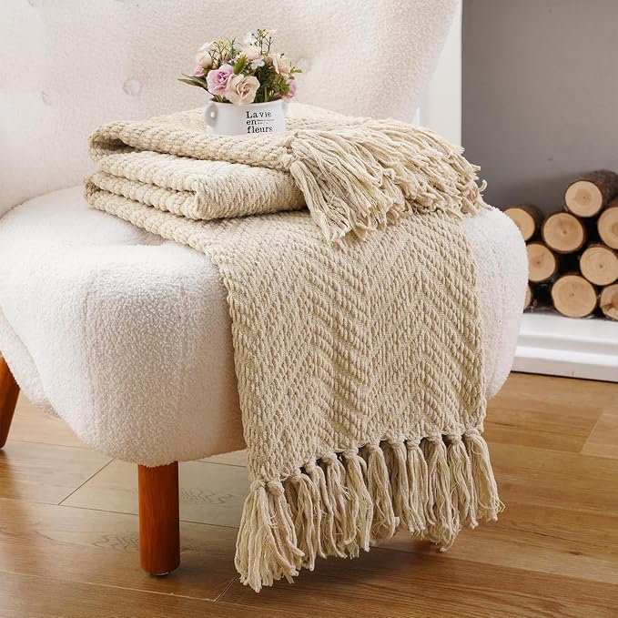 BATTILO HOME Beige Throw Blankets for Couch, Knitted Tan Throw Blanket for Twin Bed, Super Soft Warm Large Throws for Home Decor, 60" x 80"