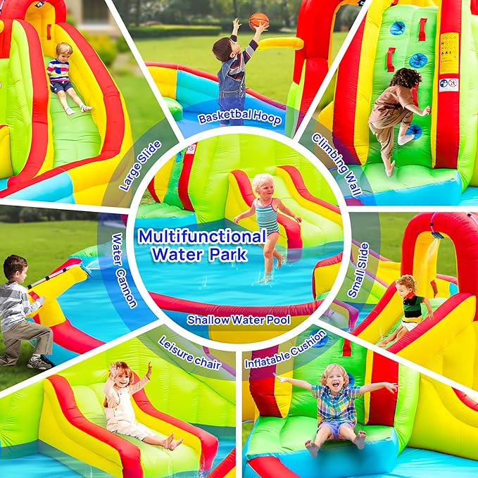 Heavy Inflatable Water Slide Park, Double Slide Climbing Wall Fountain for Outdoors, Equipped with Air Blower