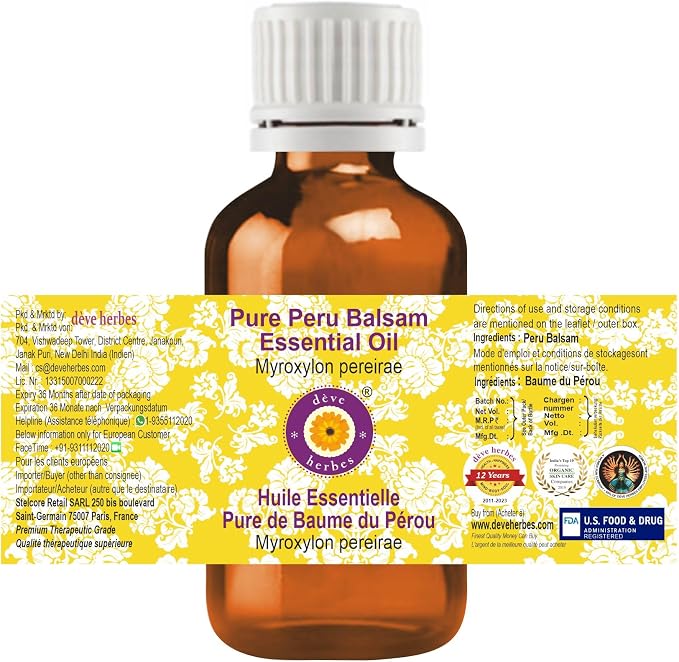 dève herbes Peru Balsam Essential Oil (Myroxylon pereirae) Pure | Viscous Texture | Rich Aroma | Unisex | All Skin Types | for External Use Only | Natural Extract | Steam Distilled 100ml (3.38 oz)