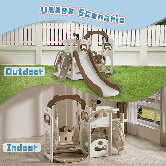6-in-1 Toddler Slide Playground Set with Swing, Kids Slide with Climber,Basketball Hoop, Telescope and Storage Space, Slide for Toddlers Outdoor & Indoor Playground