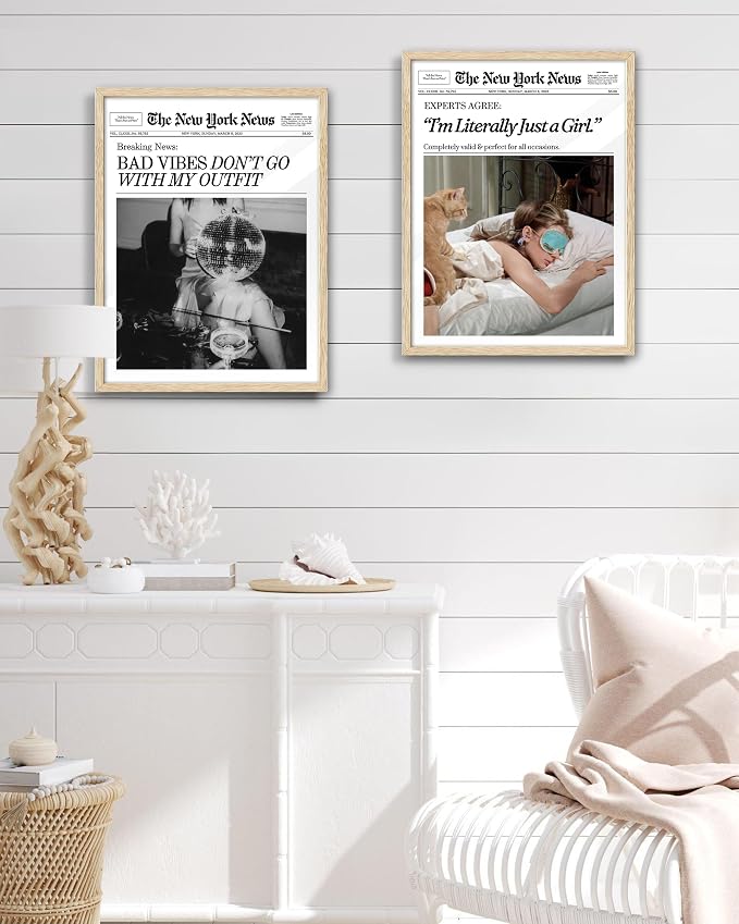 EcoHest 12x16 in Bad Vibes Don't Go With My Outfit Framed Wall Art | Natural Oak Wood Frame, Canvas Wall Art, Disco Fashion Newspaper Wall Decor for Bedroom, Apartment, Dorm, College Room, 1Pack