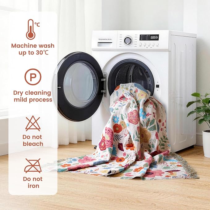 MSGKV Boho Throw Blanket 50"x60" Summer Cotton Floral Blanket for Couch | Muslin Throw, Floral Pattern, Reversible Woven, Lightweight Comfort, Farmhouse Decor, All Seasons, Machine Washable