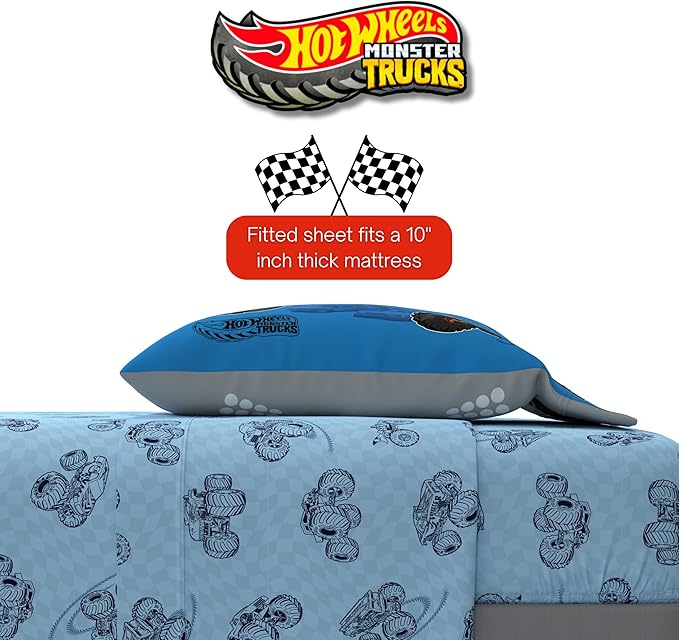Monster Trucks x Hot Wheels Bedding Set, Full Size 7 Piece Set Kids Super Soft Cozy Reversible Comforter and Sheet Set with Sham, (100% Officially Licensed Product) by Franco