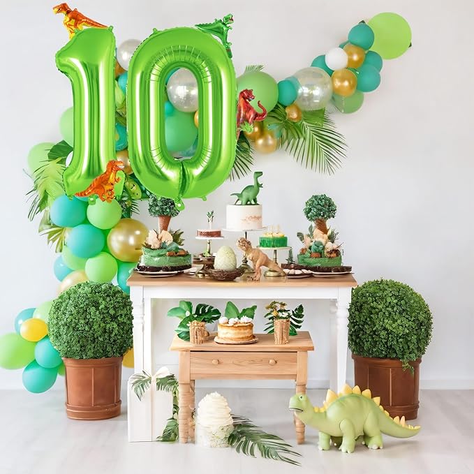 Dinosaur Green Number 0 Balloon, 40 Inch Big Large Foil Mylar Green Number Balloon with 4 Pcs Mini Dinosuar, Dinosuar Mylar Balloons Set Birthday Party Decorations Supplies