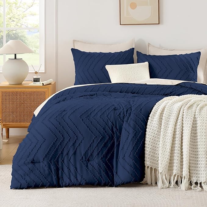 Andency Navy Blue California King Comforter Set, Boho Cal King Soft Warm Tufted Neutral Bedding Comforter Sets, 3 Pieces Cali King Aesthetic Chevron Farmhouse Cute Bohemian Textured Bedding Set