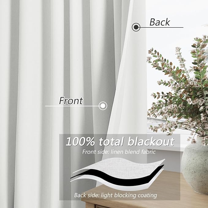 100% Blackout Extra Wide 100 Inch Linen Patio Silding Door Curtains 84 Inches Long for Bedroom Living Room Divider Curtain Back Tab Thermal Insulated Black Out Window Drapes, 1 Panel, White, 100x84