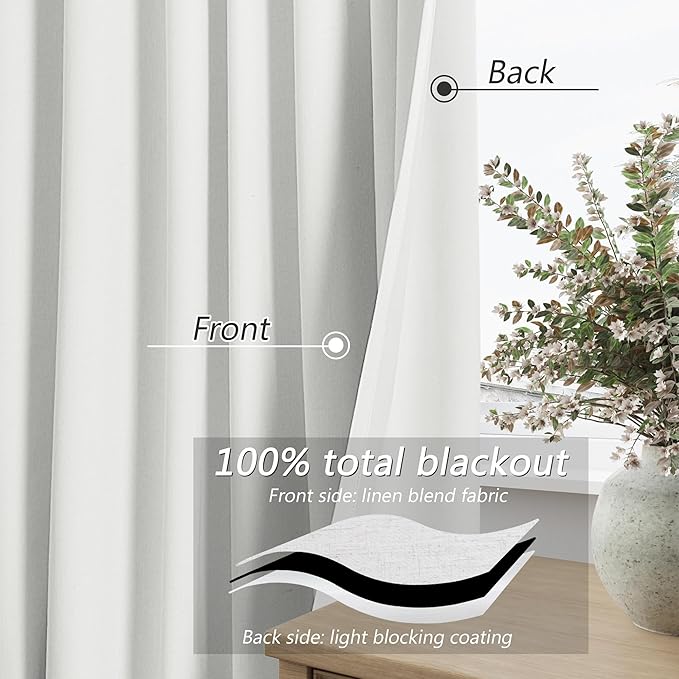Guken White 100% Blackout Linen Curtains 70 Inch Wide by 102 Inch for Living Room Bedroom Back Tab Thermal Insulated Black Out 1 Drapes Room Darkening Window Curtains,1 Panel