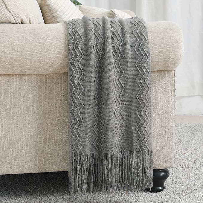 BOURINA Dark Grey Throw Blanket 50x60 Inch Knitted Soft Throw Sofa Blanket | Knitted Throw Blanket 50x60 Inches, Soft Lightweight Boho Weave Throw Decorative Couch Blanket for Living Room Bedroom Chair