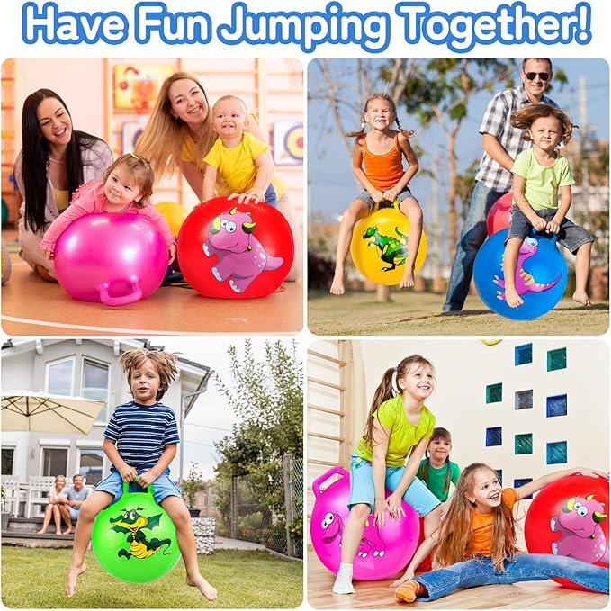 Dinosaur Bouncy Balls with Handle for Kids, 2 Pack Ride On Toy Balls for Kids 3 4-8, 15 Inch Hopper Ball with Air Pump, Jumping Ball School Sports Games Balance Exercise Indoor Outdoor