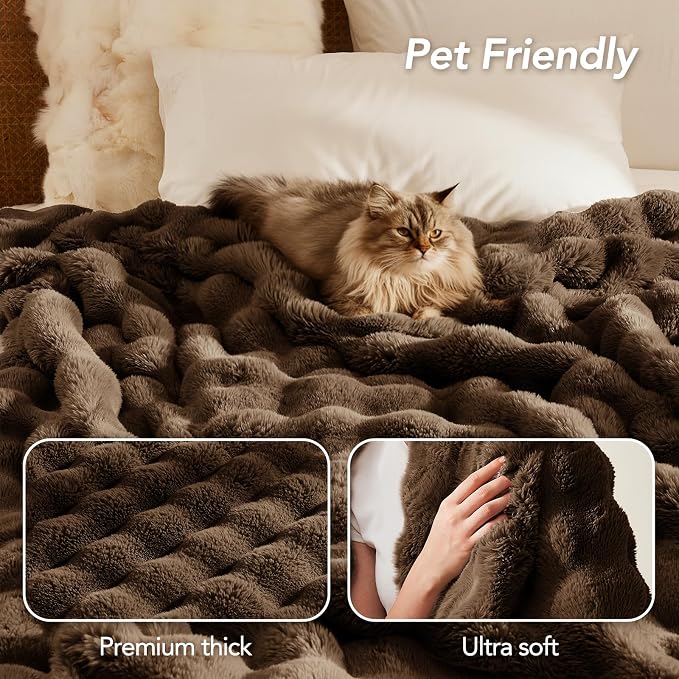 L'AGRATY Faux Rabbit Fur Throw Blanket for Couch, 90'' x 90'', Cocoa Brown | Soft Cozy Bubble Fluffy Blanket for Sofa Bed, Thick Warm Plush Fuzzy Throw for Room Home Decor, Luxury Gift for Women Mom