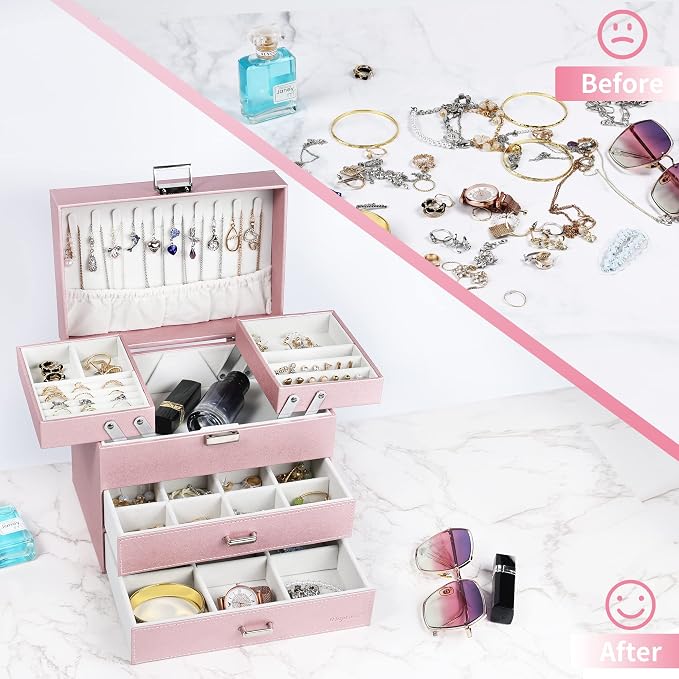 Jewelry Boxes for Women Girls, Jewelry Storage Organizer, 4 Layers Large Jewelry Organizer Box with 2 Drawers for Friends, Wife or Mother Gift (Pink)