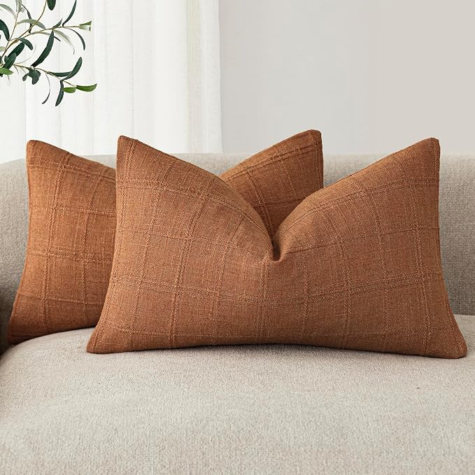 Foindtower Set of 2 Decorative Linen Check Throw Pillow Covers Neutral Farmhouse Lumbar Cushion Covers Modern Boho Home Decor for Sofa Chair Couch Bedroom Living Room,12×20 Inch,Orange