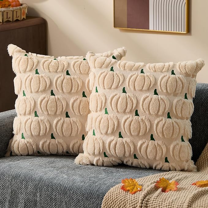 DFXSZ Fall Pillow Covers 20x20 2Pcs Beige Green Pumpkin Fall Decorations | Fall decor Set of 2 Throw Pillow Cases Soft Plush Faux Fur Wool Couch Cushion for Chair Sofa Bedroom Living Room Home Decor