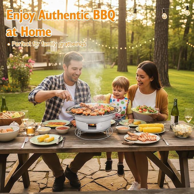 Korean Charcoal Grill 13.8 Inches Stainless Steel Tabletop BBQ Grill Stove Outdoor Camping Cooker, Tabletop Smoker Grill BBQ Grill for Patio Garden Backyard
