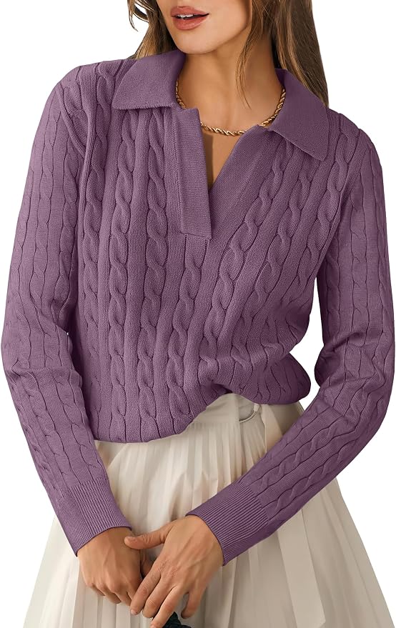ANRABESS Womens Cable Knit Sweaters Long Sleeve V Neck | Pullover Collared Sweater Tops, Polo Knit Shirts, Business Casual Work, Tennis Golf, Fall Winter Fashion Outfits
