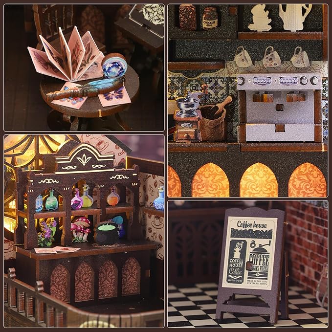 Foyucool DIY Book Nook Kit, Miniature Dollhouse Bookshelf Insert with Light, Laser-Cut Wooden Craft Set for Adults, Perfect for Teens and Adults, Coffee Shop