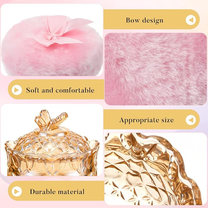 Tioncy 3 Pcs Large Body Powder Puff and Container Valentine's Day gift Powder Container with Puff Crystal Case Soft Washable Reusable Velour Face Body Glitter Wet Dry Makeup(Butterfly,Amber)
