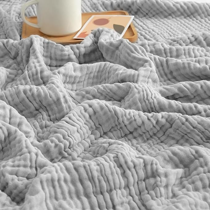 EMME Muslin Blankets for Adults Throw Blanket for Couch Breathable Gauze Soft Lightweight Airy Light Grey Super King 120" x 94"