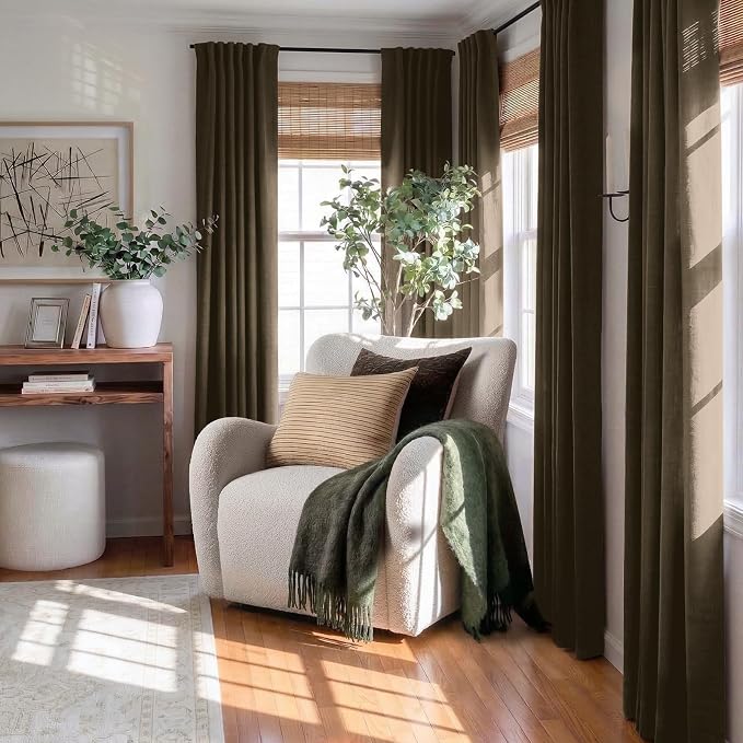 100% Blackout Shield Dark Brown Linen Blackout Curtains for Bedroom 102 Inches Long, Back Tab/Rod Pocket Living Room Drapes, Thermal Insulated Blackout Curtains 2 Panels Set, 50" W x 102" L